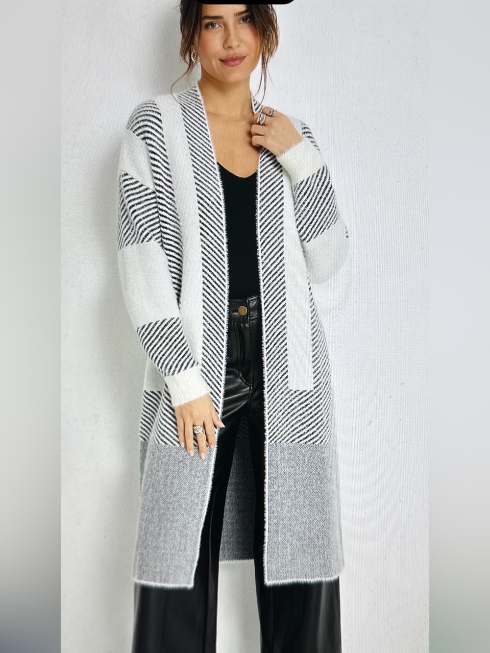NWT Lascana Striped Knit Open Front Long Cardigan